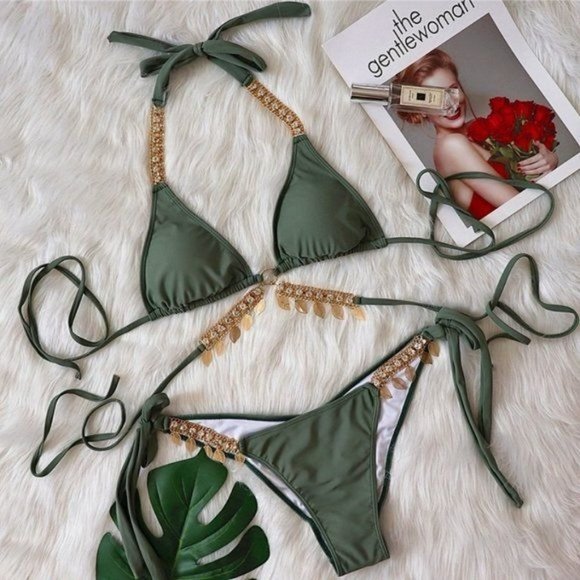 Callie Sage: Dangling Leaves & Rhinestone Scrunch Butt Green Triangle Bikini L - Picture 3 of 8